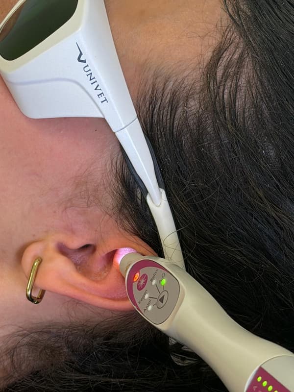 Application du laser doux sur les points du pavillon de l'oreille